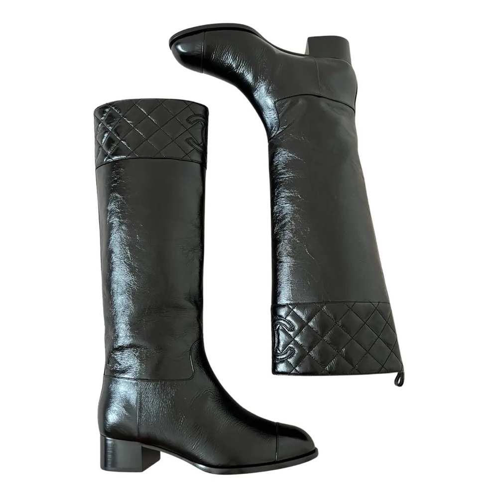 Brand new black CHANEL shiny leather riding boots. In stores now. They are perf